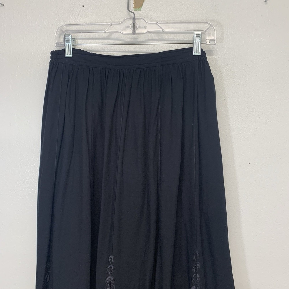 Black Embroidery Long Full Skirt Medium Elastic Waist  Pockets Boho WhimsyGoth - Picture 3 of 10